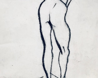May include: A black and white line drawing of a person bending over with their back to the viewer. The person's legs are visible and the drawing is on a white background.