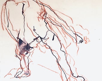 May include: A black and brown line drawing of a person standing with their back to the viewer. The drawing is done in a loose, gestural style.
