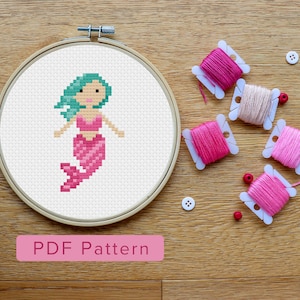Mermaid cross stitch pattern PDF. Green hair mermaid embroidery. Small modern x stitch pattern. Stitch count: 22w x 37h