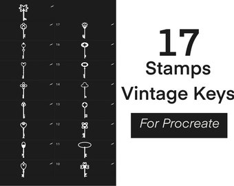 May include: A set of 17 vintage key stamps for Procreate, featuring various styles and designs. The stamps are white and are displayed on a black background.