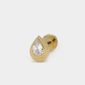 14K Solid Gold Tiny Teardrop CZ Pear Cut Internally Threaded Ear Cartilage, Flat Back Earring, Tragus, Helix, Conch, Lobe, Ear Piercing, 18G