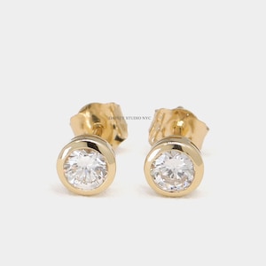 Boucles d'oreilles solitaires en or massif 14 carats avec diamants cultivés en laboratoire de 0,28 ctW sertis clos, boucle d'oreille en or 14 carats, boucles d'oreilles quotidiennes
