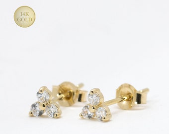 14K Solid Gold Tiny Trinity Trio Triangle Cluster Stud Earrings, Three Stone CZ Studs, Second Hole Earrings