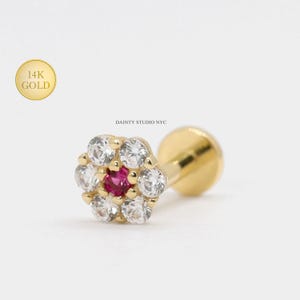 14K Solid Gold Tiny CZ Ruby Flower Internally Threaded Ear Cartilage Stud, Flat Back Earring, Ear Lobe, Tragus, Conch, Ear Piercing, 18GA