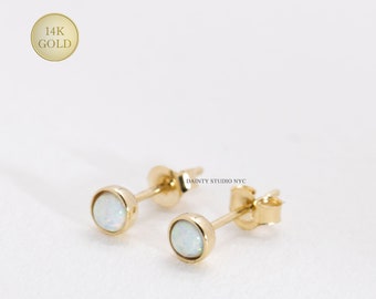 14K Solid Gold Tiny 3.5 mm Opal Stud Earrings, Second Hole Earrings, Daily Earrings