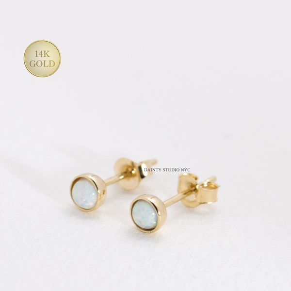 14K Solid Gold Tiny 3.5 mm Opal Stud Earrings, Second Hole Earrings, Daily Earrings