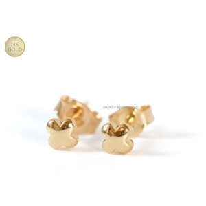 14K Solid Gold Tiny Clover Flower Stud Earrings, Second Hole Earrings, Daily Earrings