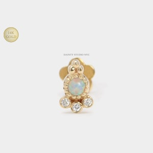 14K Solid Gold Opal CZ Beaded Cluster Internally Threaded Ear Cartilage Stud, Flat Back Earring, Tragus, Conch, Helix, Ear Piercing, 18 GA