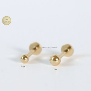 14K Real Gold Super Tiny Ball 2mm, 2.5mm Internally Threaded Ear Cartilage Stud, Flat Back Earring, Tragus, Conch, Ear Piercing, 18GA