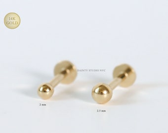 14K Real Gold Super Tiny Ball 2mm, 2.5mm Internally Threaded Ear Cartilage Stud, Flat Back Earring, Tragus, Conch, Ear Piercing, 18GA