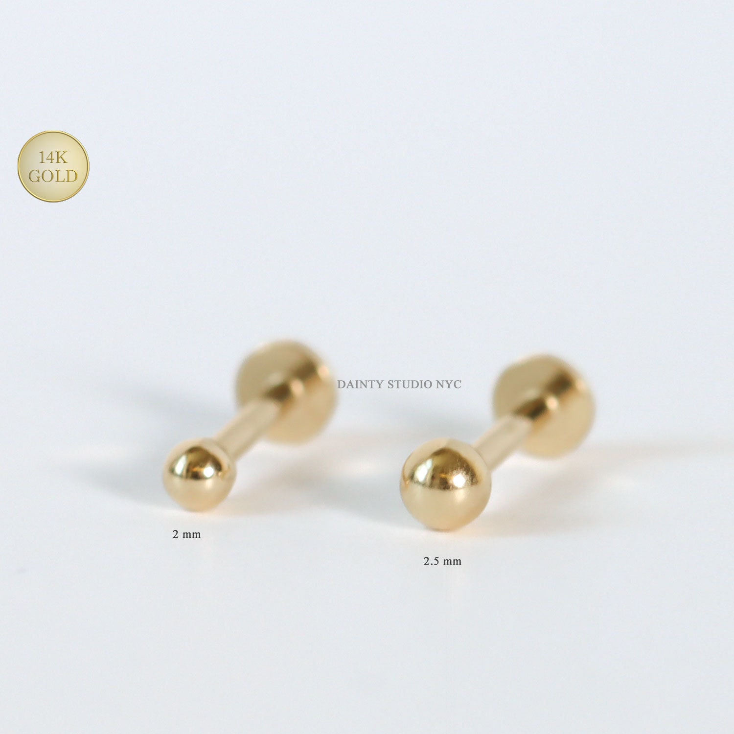 14K Yellow Gold Ball Stud Earrings, Silicone Covered Gold Push Backings (Unisex) 3mm