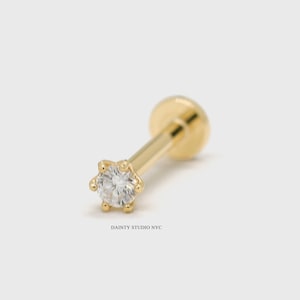 14K Solid Gold Super Tiny Lab Grown Diamond 2MM 0.03CT Internally Threaded Cartilage Stud Earring, Tragus, Conch, Flat Back Earring, 18G