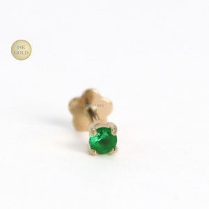 14K Solid Gold Tiny 2.5 mm Emerald Internally Threaded Cartilage Stud Earring, Tragus Stud Earring, Conch Stud, Flat Back Earring, 18GA