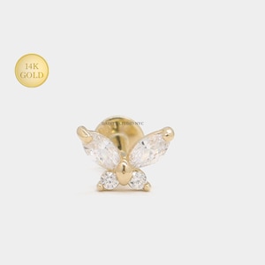 14K Solid Gold CZ Butterfly Internally Threaded Ear Cartilage Stud, Flat Back Earrings, Ear Lobe, Tragus, 14k Gold Ear Piercing, 18 Gauge
