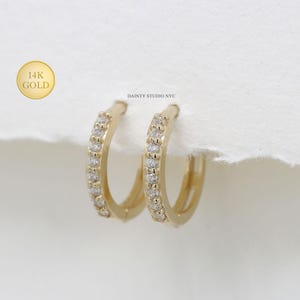 14K Solid Gold CZ Round Huggie Hoop Earring, Small Mini Hoop, Everyday Hoop Earring, Helix Cartilage Hoop, Micro Pave hoop earring