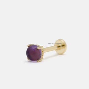 14K Solid Gold Natural Amethyst 3mm Internally Threaded Ear Cartilage Stud, Flat Back Earring, Tragus,  Conch, Helix, 18G