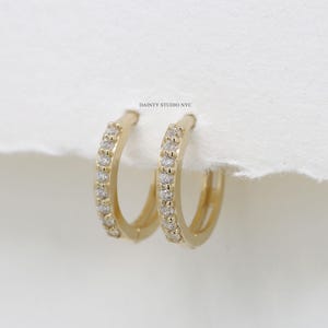 14K Solid Gold CZ Round Huggie Hoop Earring, Small Mini Hoop, Everyday Hoop Earring, Helix Cartilage Hoop, Micro Pave hoop earring