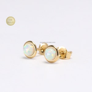 14K Solid Gold Opal Round Circle Bezel Setting Stud Earrings, Minimal Opal Earrings, Second Hole Earrings