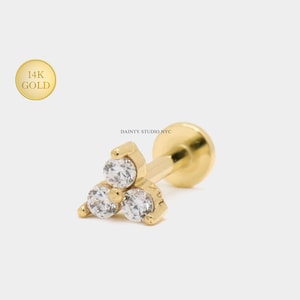 14K Solid Gold Three CZ Triangle Cluster Internally Threaded Ear Cartilage Stud, Ear Lobe, Tragus, Conch, Flat Back Earring, 18 Gauge