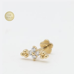 14K Solid Gold CZ Flower Crawler Internally Threaded Cartilage Stud Earring, Earlobe, Tragus Jewelry, Helix, Flat Back Earring, 18 Gauge