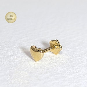 14K Solid Gold Heart Internally Threaded Ear Cartilage Stud, Flat Back Earring, Ear Lobe, Tragus, Conch, Ear Piercing, 18 Gauge