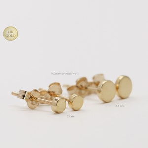 14K Solid Gold Tiny Thick Circle Dot Stud Earrings 2.5mm, 3.5 mm, Round Disc Earrings, Second Hole Earrings, Third Hole Earrings