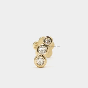 14K Solid Gold Genuine Tiny Diamonds Triple Cluster Internally Threaded Cartilage Stud Earring, Tragus, Conch, Flat Back Earring, 18G