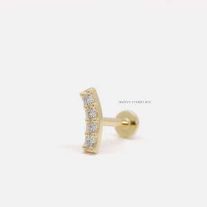 14K Gold Tiny CZ Curved Line Internally Threaded Ear Cartilage, Tragus Stud, Conch, Helix, Flat Back Earring, 18 Gauge