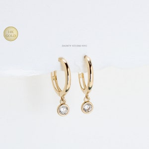 14K Solid Gold CZ Bezel Setting Drop Hinged Huggie Hoop Earrings, Drop Dangle CZ Charm Hoop, Earlobe Hoop, Helix Hoop Cartilage Earrings