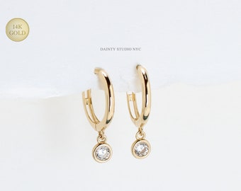 14K Solid Gold CZ Bezel Setting Drop Hinged Huggie Hoop Earrings, Drop Dangle CZ Charm Hoop, Earlobe Hoop, Helix Hoop Cartilage Earrings