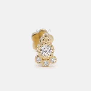 14K Solid Gold CZ Cluster Beaded Boho Internally Threaded Cartilage Stud, Flat Back Earring, Tragus, Conch, Helix, Ear Piercing, 18 Gauge