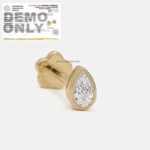 14K Solid Gold Tiny Lab Grown Diamond 0.1CT Pear Cut Bezel Setting Internally Threaded Cartilage Stud, Tragus, Conch, Flat Back Earring, 18G