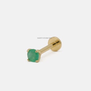 14K Solid Gold Tiny Natural Emerald 2.5mm Internally Threaded Cartilage Stud Earring, Tragus Stud, Conch Stud, Flat Back Earring, 18G