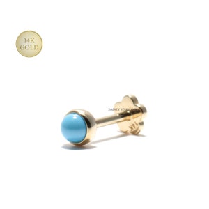 14K Solid Gold Turquoise Bezel Setting Internally Threaded Ear Cartilage Stud, Flat Back Earring, Tragus, Conch, Lobe, Ear Piercing, 18GA