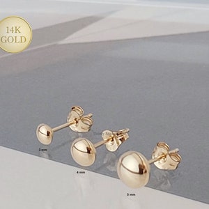 14K Real Gold Flat Dot Ball Stud Earrings 3MM, 4MM, 5MM, Tiny Gold Button Ball Stud