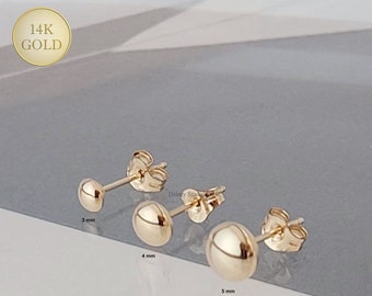 14K Real Gold Flat Dot Ball Stud Earrings 3MM, 4MM, 5MM, Tiny Gold Button Ball Stud