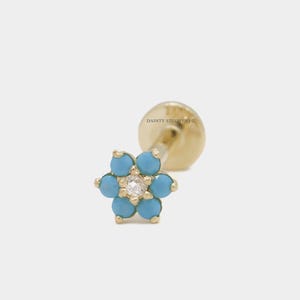 14K Solid Gold Super Tiny Turquoise Flower 3mm Internally Threaded Ear Cartilage Stud, Flat Back Earring, Tragus, Conch | 18 Gauge