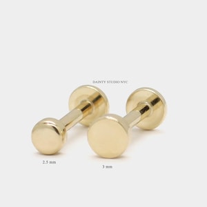14K Solid Gold Tiny Thick Circle Dot Internally Threaded Ear Cartilage Stud 2.5mm, 3mm, Flat Back Earring, Lobe, Tragus, Conch, 18Gauge