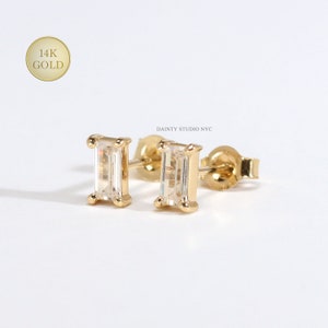 14K Solid Gold Tiny Baguette Cut Clear CZ Stud Earrings, CZ Rectangular Stud Earrings, Second Hole Earrings
