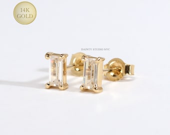 14K Solid Gold Tiny Baguette Cut Clear CZ Stud Earrings, CZ Rectangular Stud Earrings, Second Hole Earrings