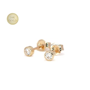 14K Solid Gold Super Tiny 2.5 MM CZ Round Bezel Setting Earrings Stud, Second Hole Earrings, Daily Earrings