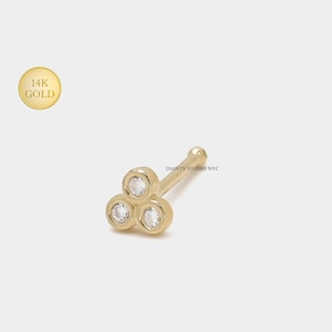 14K Solid Gold Tiny CZ Cluster Bezel Setting Nose Bone Stud 22 Gauge, Tiny Ball End Style, Nose Stud Bone, Nostril Piercing Jewelry