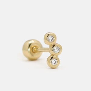 14K Solid Gold Tiny 3CZ Curved Climber Bezel Setting Earring, Rounded Hexagon Ball End Screw Back, Three Stone Cluster Earring