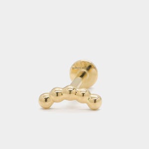 14K Solid Gold Curved Line Beads Cluster Bar Internally Threaded Ear Cartilage Stud, Flat Back Earring, EarLobe, Tragus, Helix, Conch, 18GA
