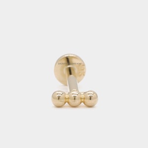 14K Gold Super Tiny Three Ball Cluster Bar Internally Threaded Ear Cartilage Stud, Flat Back Earring, Ear Lobe, Tragus, Ear Piercing, 18 GA