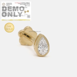 14K Solid Gold Tiny Lab Grown Diamond 0.1CT Pear Cut Bezel Set Internally Threaded Ear Cartilage Stud, Tragus, Conch, Flat Back Earring, 18G
