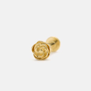 14K Solid Gold Tiny Rose Flower Internally Threaded Ear Cartilage Stud, Flat Back Earring, Ear Lobe, Tragus, Conch, Ear Piercing, 18GA