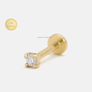 14K Solid Gold Super Tiny REAL Lab Grown Diamond 0.02 CT(1.7mm) Internally Threaded Ear Cartilage Stud, Tragus, Conch, FlatBack Earring, 18G