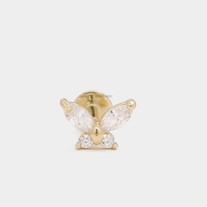14K Solid Gold CZ Butterfly Internally Threaded Ear Cartilage Stud, Flat Back Earrings, Ear Lobe, Tragus, 14k Gold Ear Piercing, 18 Gauge