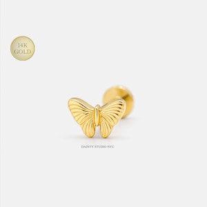 14K Solid Gold Tiny Fluted Butterfly Internally Threaded Ear Cartilage Stud, Flat Back Earring, Tragus, Conch, Ear Lobe, Ear Piercing, 18GA